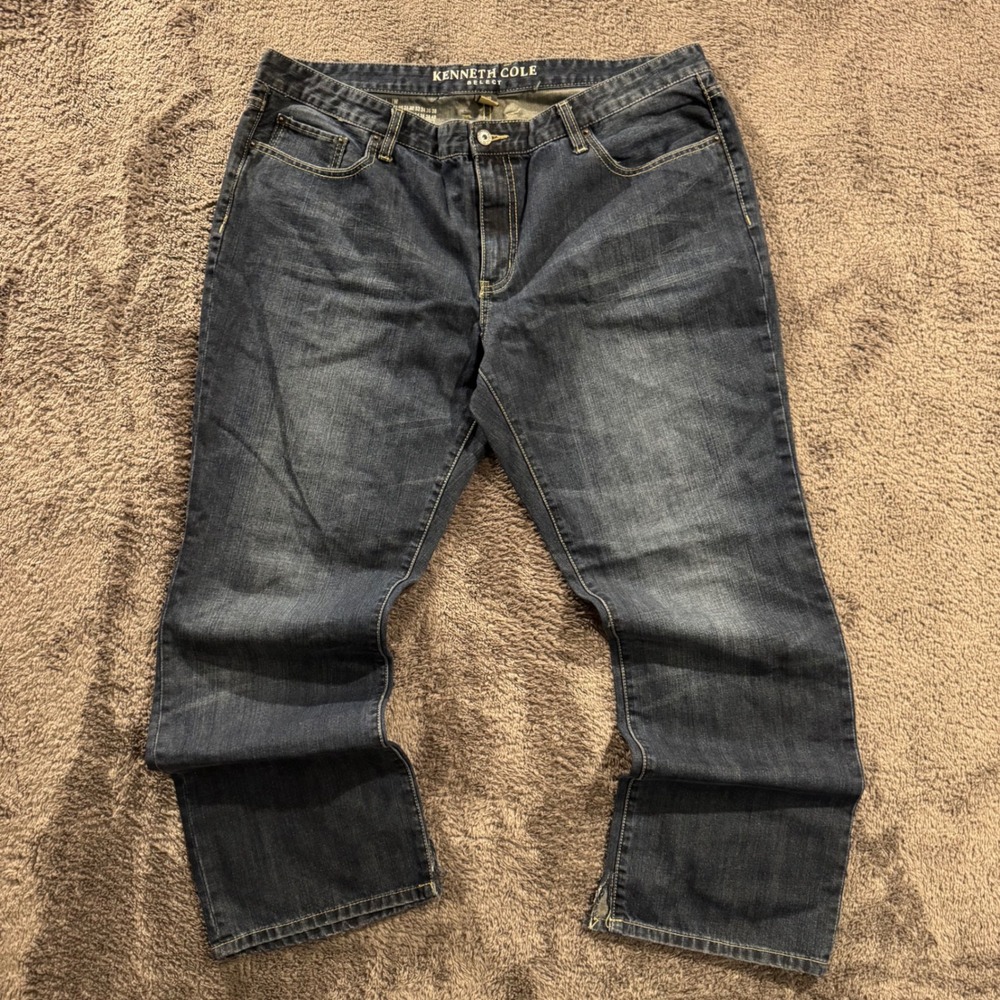 Kenneth Cole Select Mens Dark Wash Straight Leg Jeans Blue 38x30 Distressed Hem